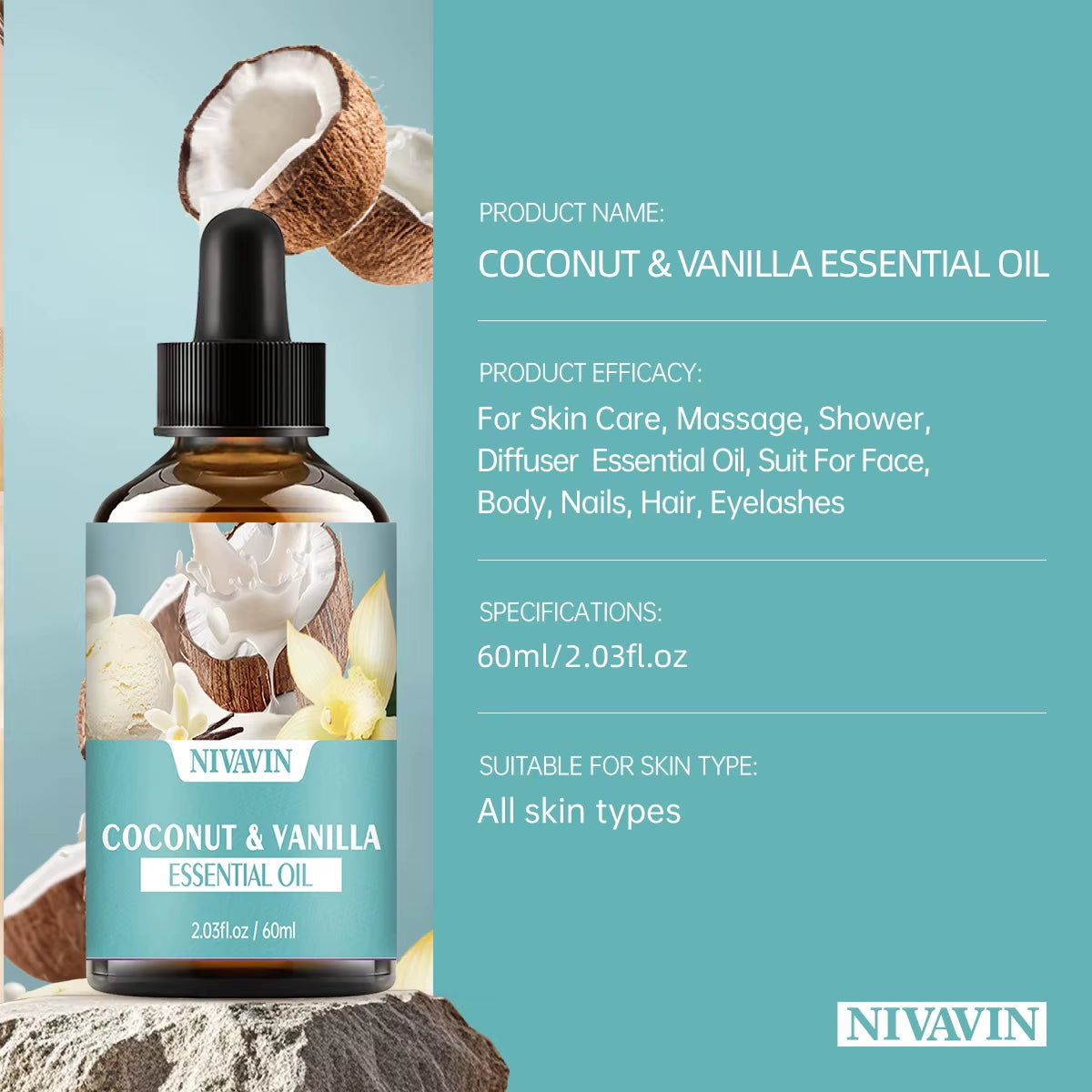 30Ml/60Ml/100Ml Coconut and Vanilla Essential Oil Body Massage Skin Care Hydrating Moisturizing and Air Freshening