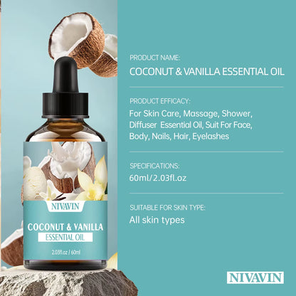 30Ml/60Ml/100Ml  Coconut and Vanilla Essential Oil Body Massage Skin Care Hydrating Moisturizing and Air Freshening